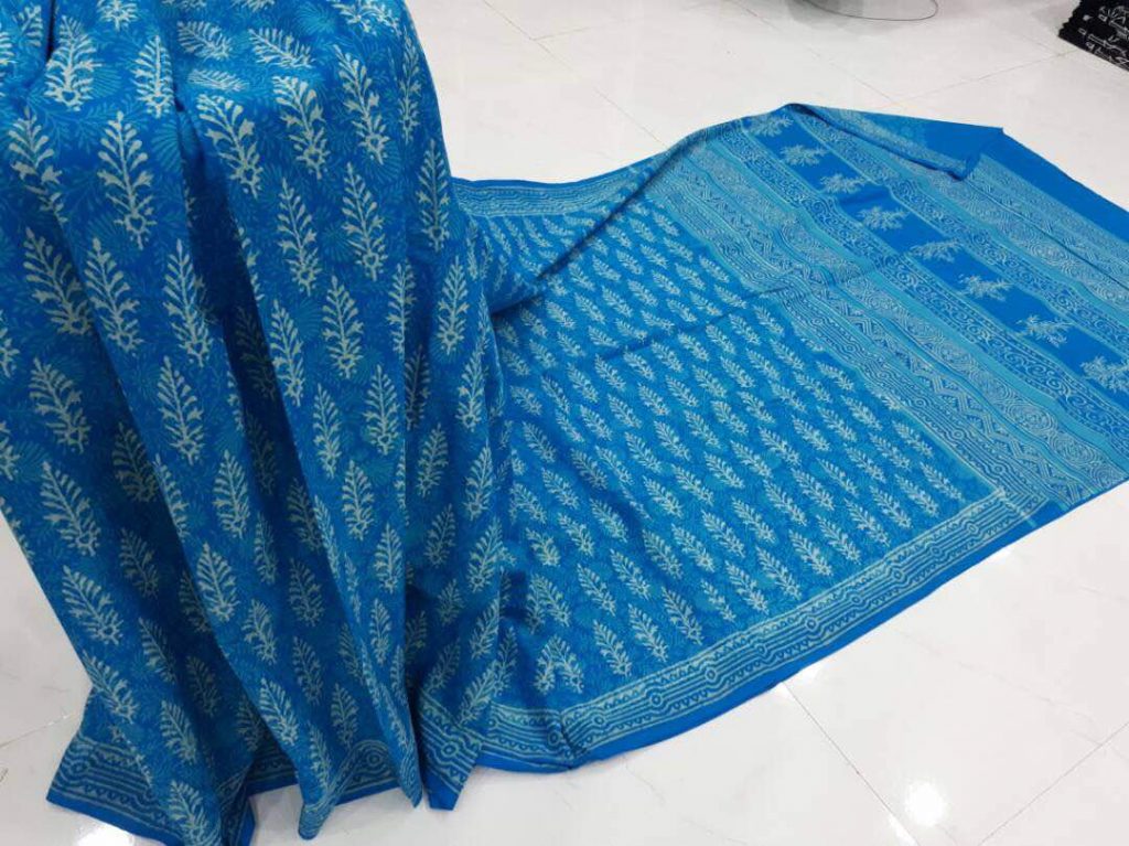 Discharge blue regular wear booty bagru print cotton sarees with blouse piece