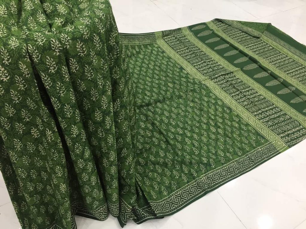 Discharge olive regular wear booty bagru print cotton sarees with blouse piece