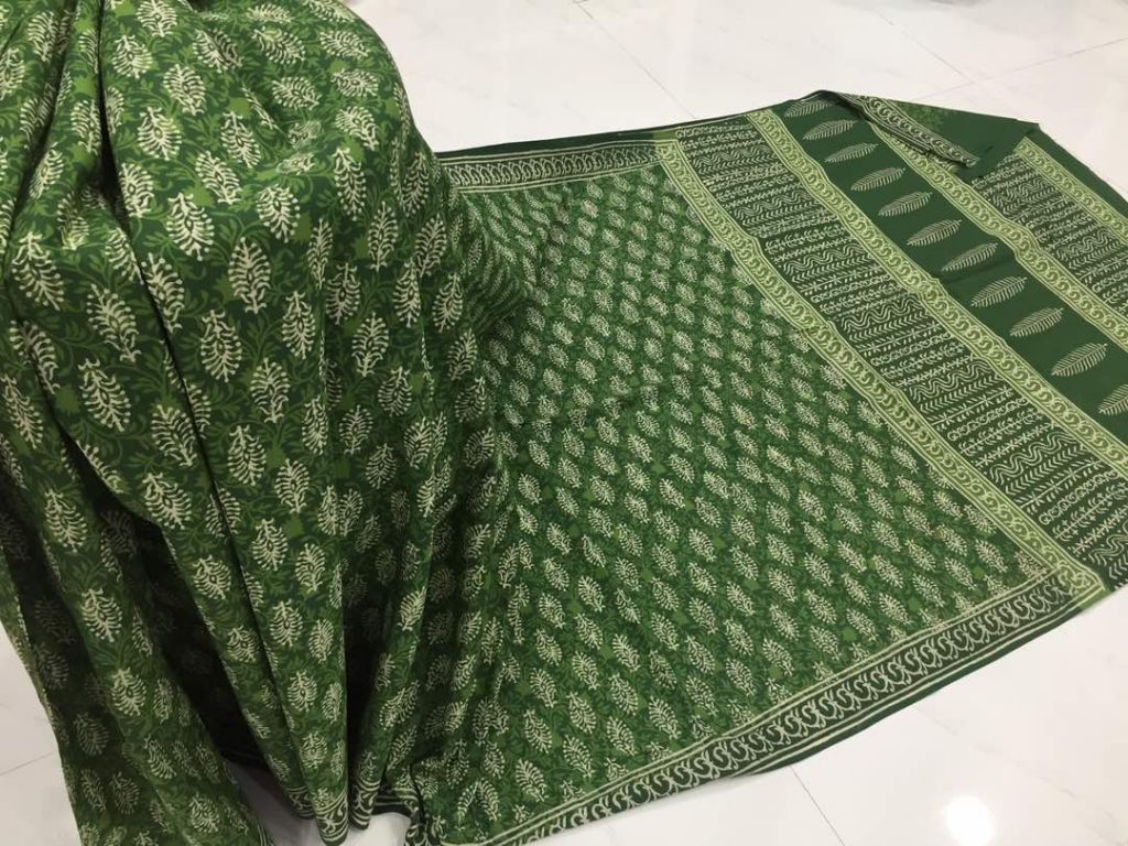 Discharge olive casual wear booty bagru print cotton sarees with blouse piece