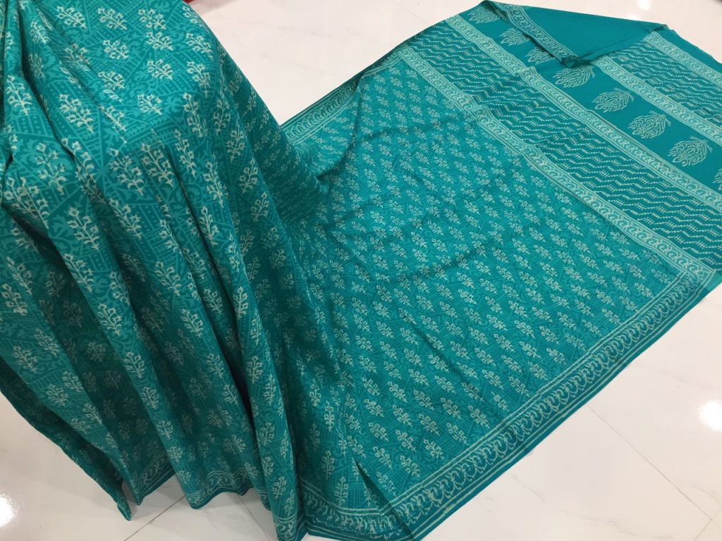 Discharge blue green regular wear booty bagru print cotton sarees with blouse piece