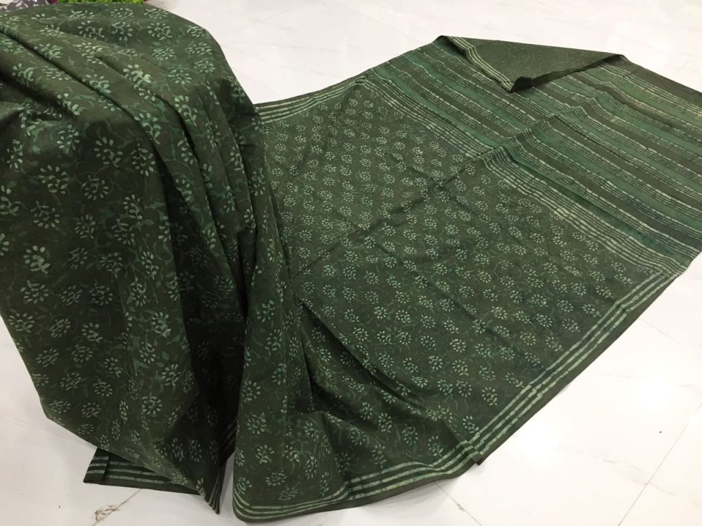 Discharge olive daily wear booty bagru print cotton sarees with blouse piece