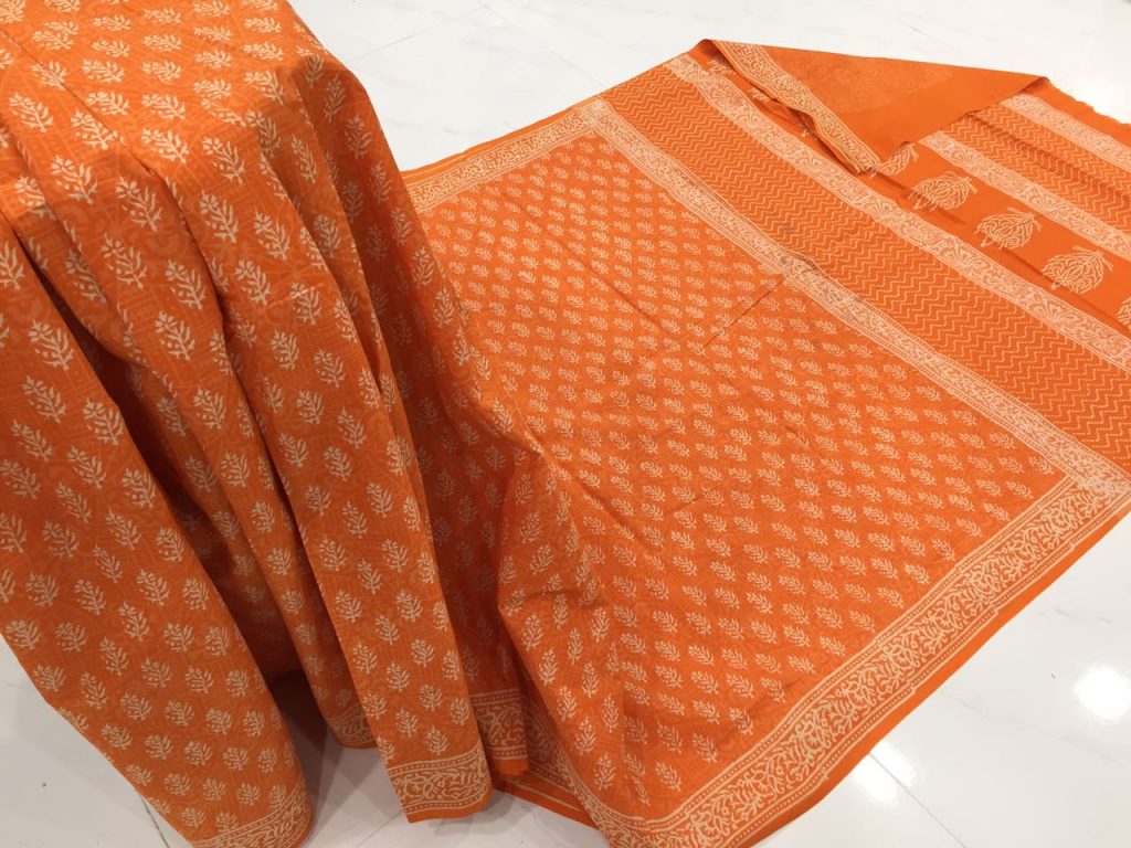 Discharge orange daily wear booty bagru print cotton sarees with blouse piece