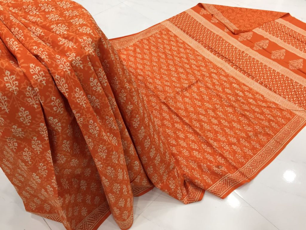 Discharge orange casual wear booty bagru print cotton sarees with blouse piece