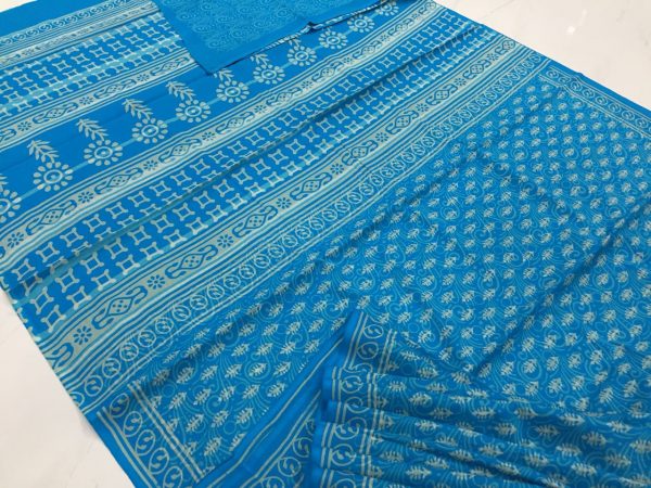 Discharge blue casual wear booty bagru print cotton sarees with blouse piece