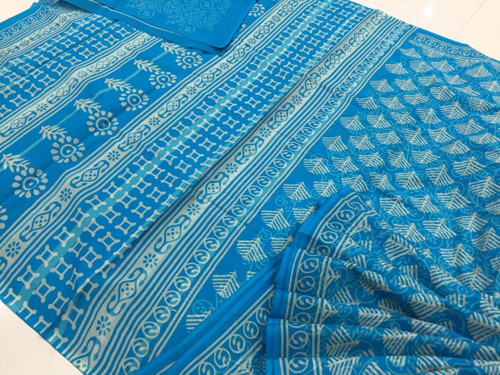Discharge blue casual wear leaf bagru print cotton sarees with blouse piece
