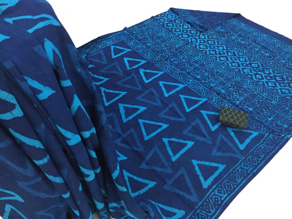 Discharge blue casual wear triangle bagru print cotton sarees with blouse piece