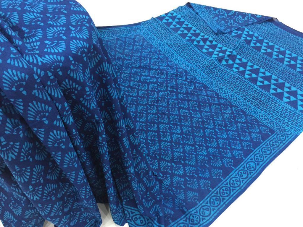 Discharge blue daily wear leaf bagru print cotton sarees with blouse piece