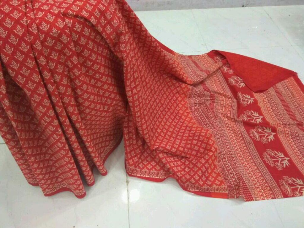Discharge red regular wear booty bagru print cotton sarees with blouse piece