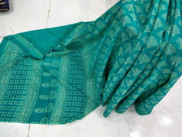 Discharge viridian regular wear leaf bagru print cotton sarees with blouse piece