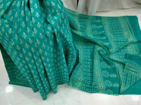 Discharge viridian regular wear booty bagru print cotton sarees with blouse piece