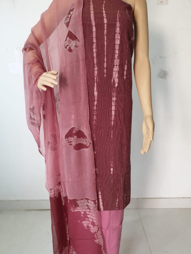 Maroon shibori – tie n dye print casual wear kantha work salwar kameez with chiffon dupatta