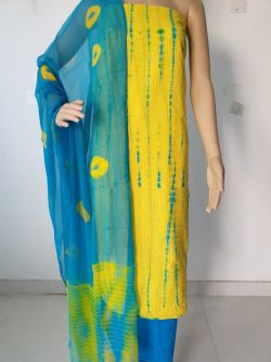 Yellow shibori – tie n dye print casual wear kantha work salwar kameez with chiffon dupatta