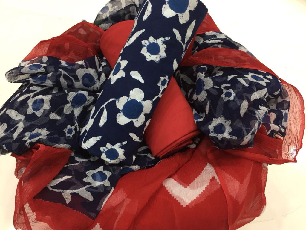 Prussian blue red bagru print cotton salwar kameez set with chiffon chunni