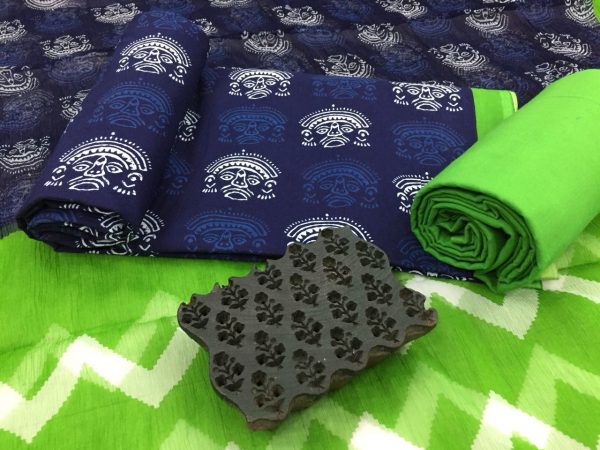 Jaipuri prussian blue lime bagru print cotton suit with pure chiffon chunni