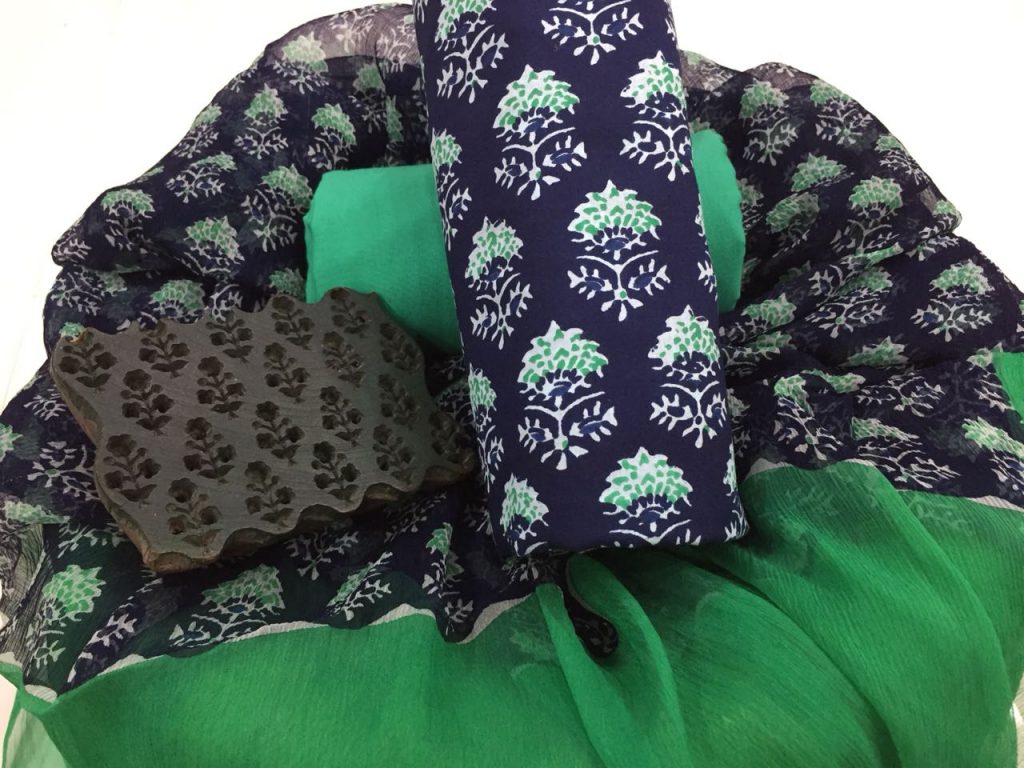 Exclusive prussian blue jade bagru print cotton suit set with chiffon dupatta