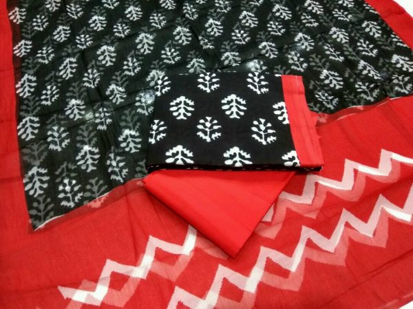 Exclusive black scarlet prussian bagru print pure cotton suit set with chiffon dupatta