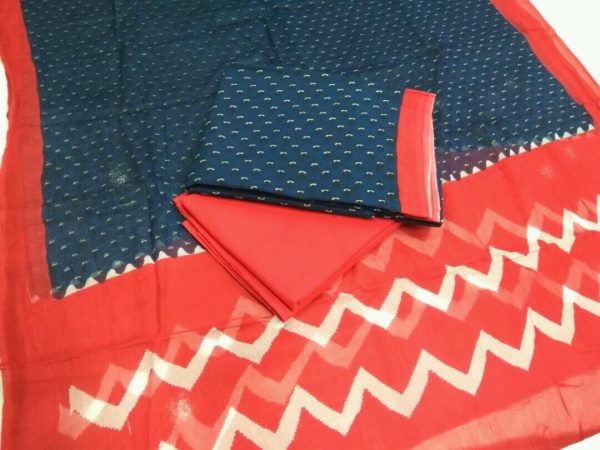 Unstitched scarlet prussian bagru print cotton suit set with pure chiffon dupatta