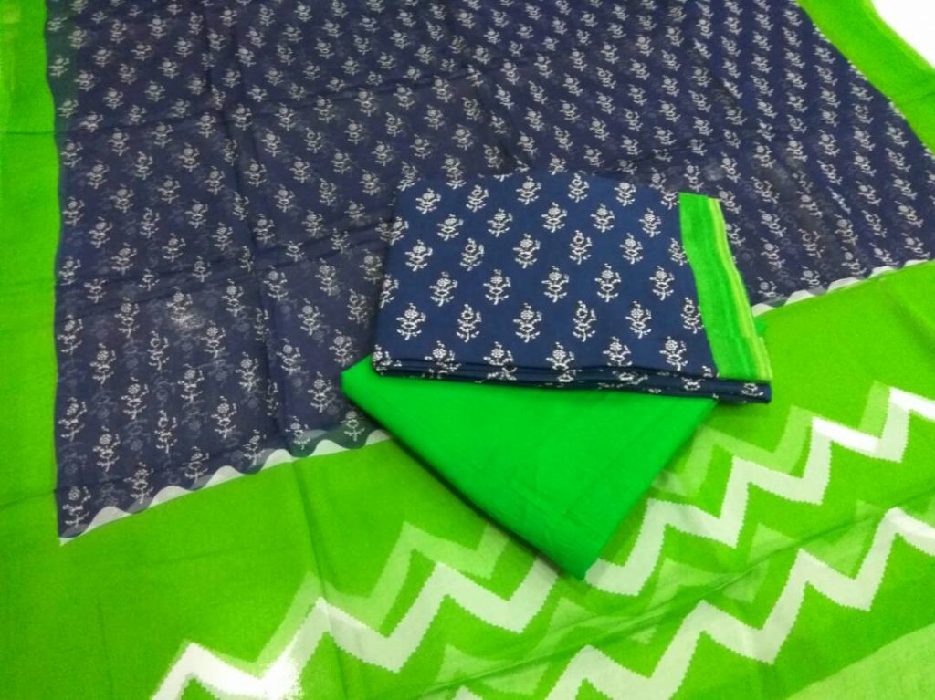 Prussian blue green bagru print cotton salwar kameez set with chiffon dupatta