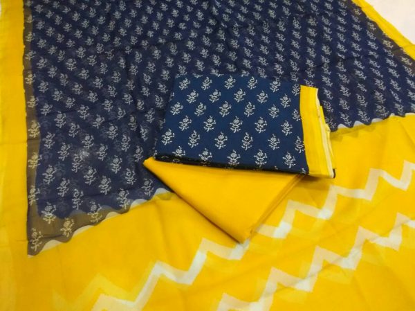 Prussian blue gold bagru print cotton salwar suit set with chiffon dupatta