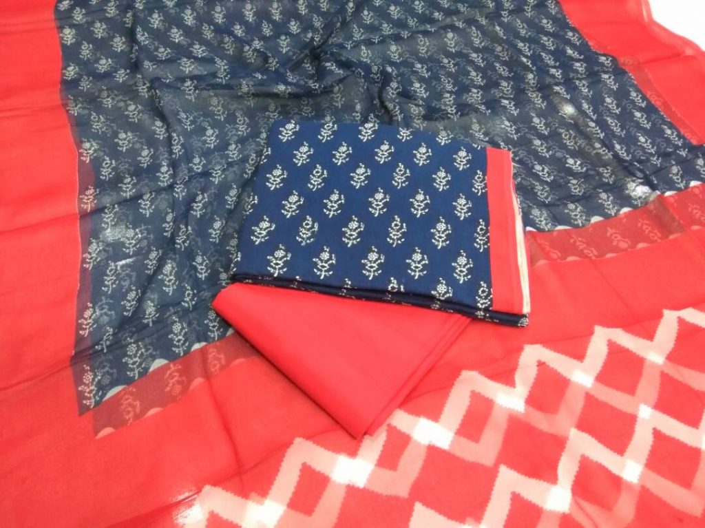 Jaipuri prussian blue red bagru print cotton salwar kameez with chiffon dupatta
