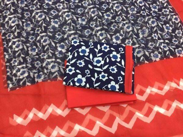 Prussian blue orange red bagru print cotton salwar kameez with chiffon chunni