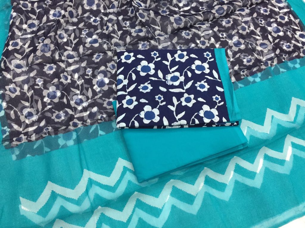 Prussian blue blue-green bagru print pure cotton salwar suit with chiffon chunni