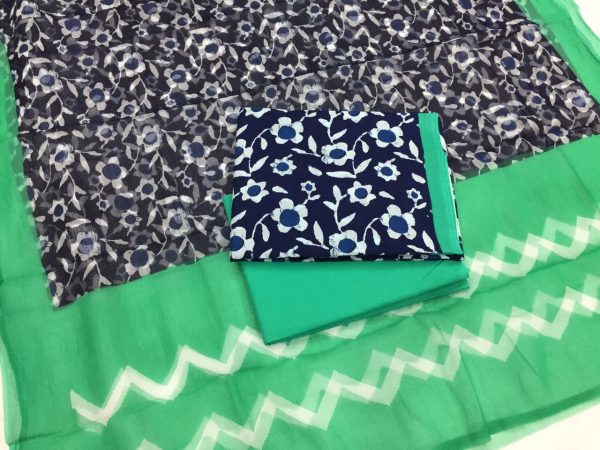 Prussian blue jungle green bagru print cotton salwar kameez with chiffon chunni