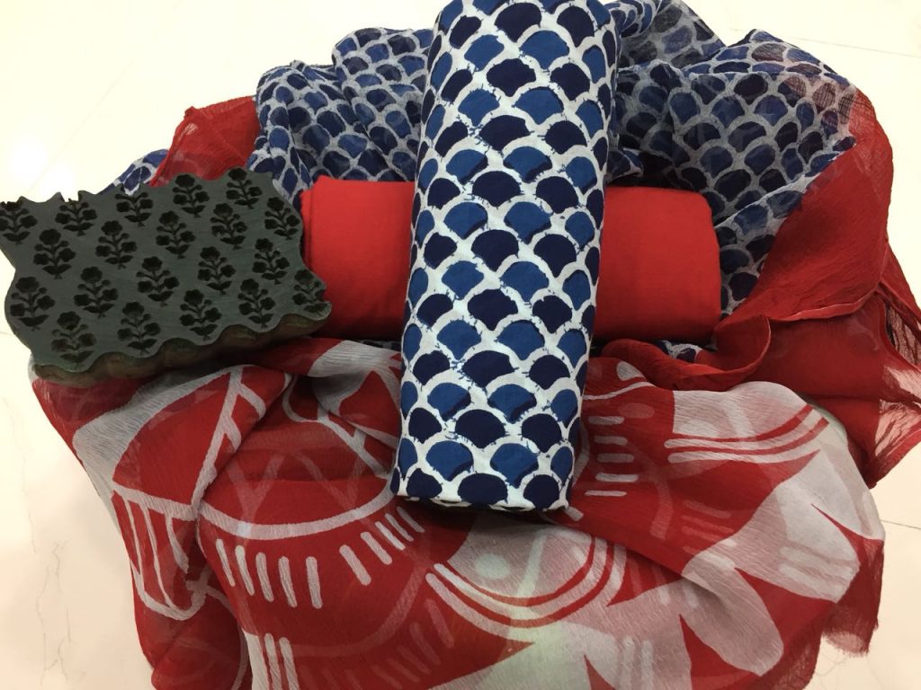 Prussian blue scarlet bagru print cotton salwar kameez with chiffon dupatta