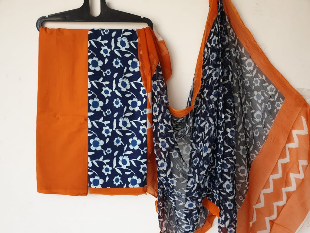 Prussian blue orange  bagru print cotton salwar kameez set with chiffon dupatta