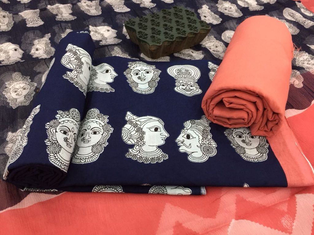 Prussian blue coral bagru budha print cotton salwar suit set with chiffon dupatta
