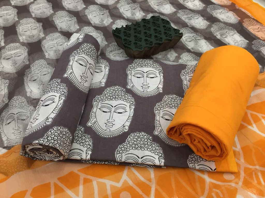 Jaipuri orange prussian bagru budha print cotton salwar kameez with chiffon dupatta