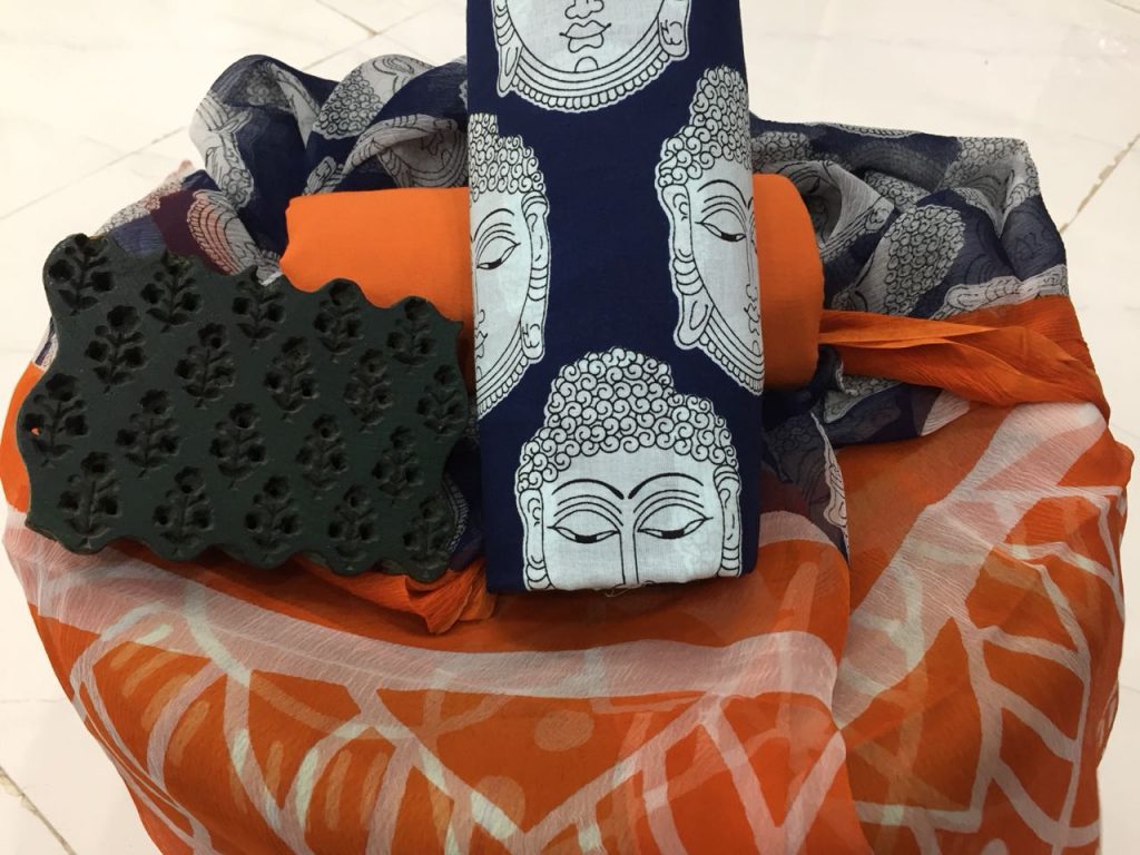 Prussian blue orange bagru budha print cotton salwar kameez set with chiffon dupatta