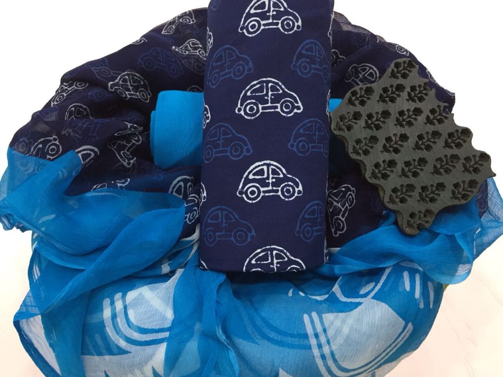 Prussian blue azure bagru car print pure cotton salwar suit set with chiffon dupatta