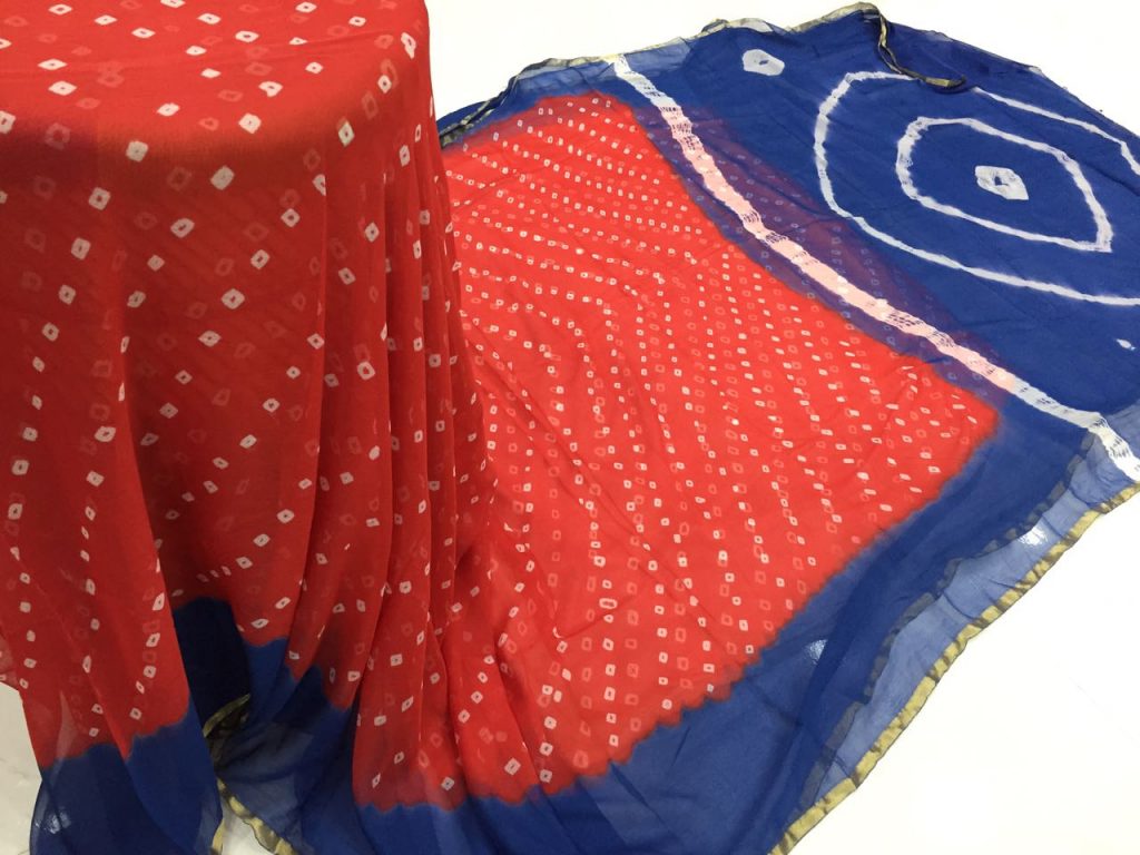 Red prussion color casual wear chiffon saree with blouse piece
