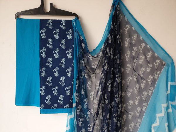 Prussian blue blue-green bagru cycle print cotton salwar kameez with chiffon dupatta