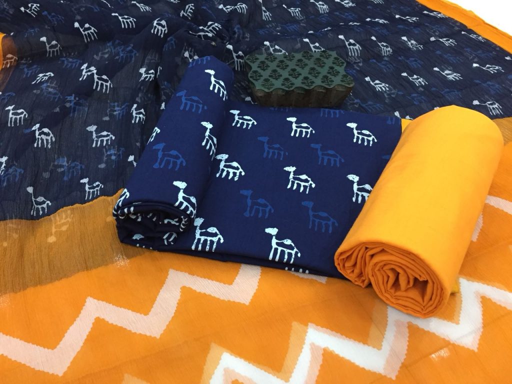 Prussian blue orange bagru camel print cotton suit set with chiffon dupatta
