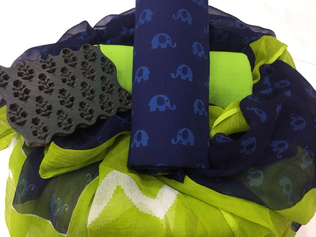 Prussian blue lime bagru elephant print cotton salwar suit with chiffon dupatta