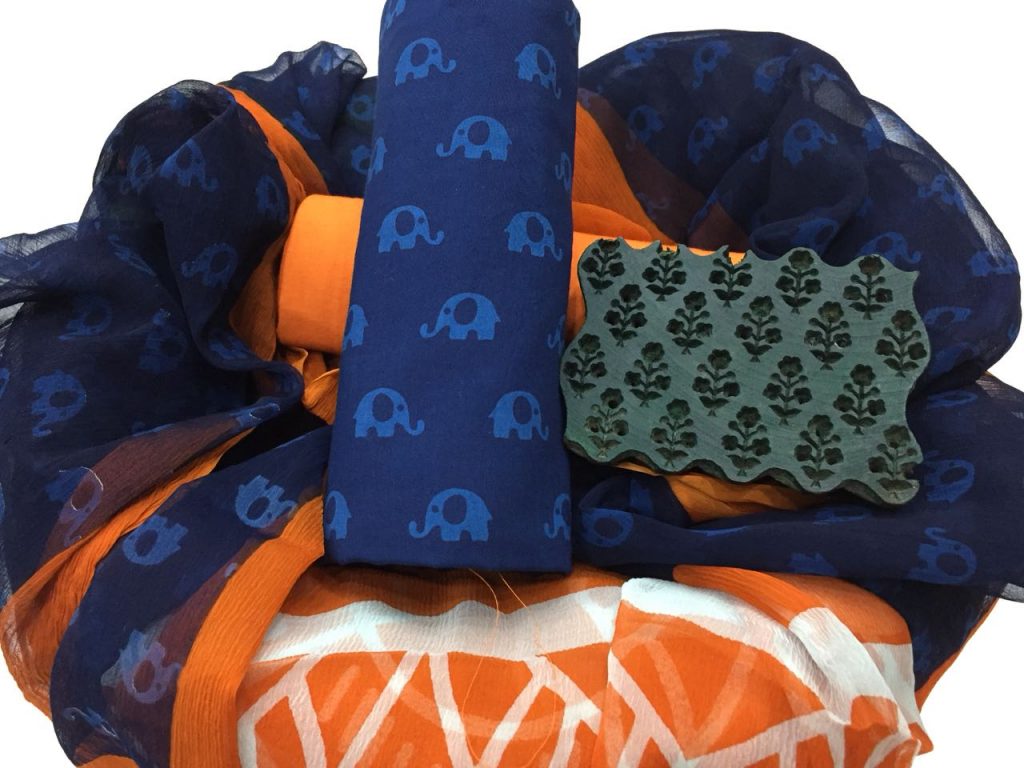Prussian blue orange bagru elephant print cotton salwar kameez with chiffon dupatta