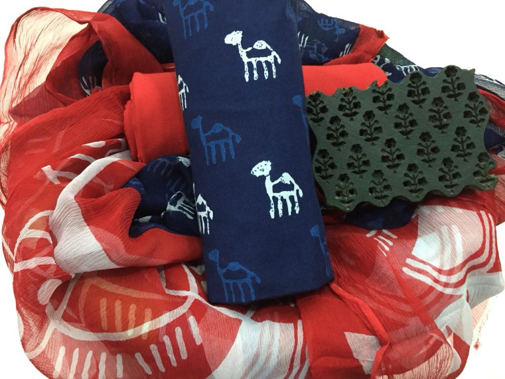 Prussian blue scarlet bagru camel print cotton salwar kameez set with chiffon dupatta