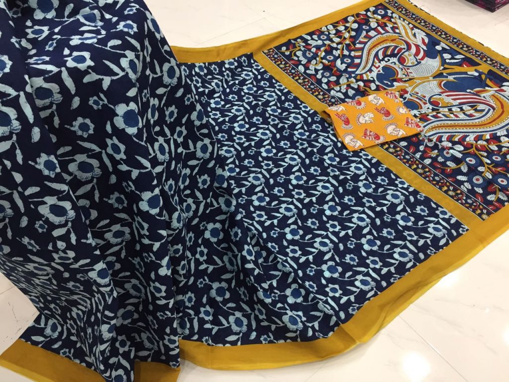 Navy blue prussion floral kalamkari bagru print cotton mulmul saree with blouse piece