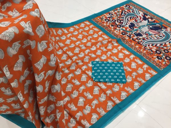 Orange prussion kalamkari bagru print cotton mulmul saree with blouse piece