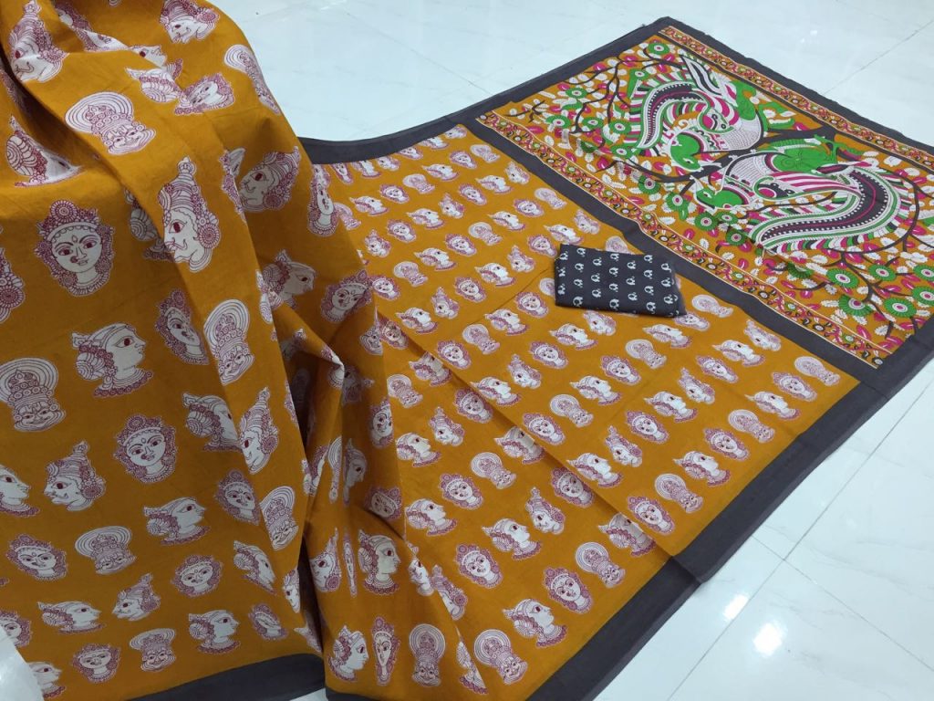 Bronze prussion kalamkari bagru print cotton mulmul saree with blouse piece