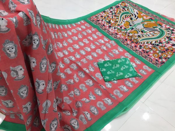 Cerise prussion kalamkari bagru print cotton mulmul saree with blouse piece