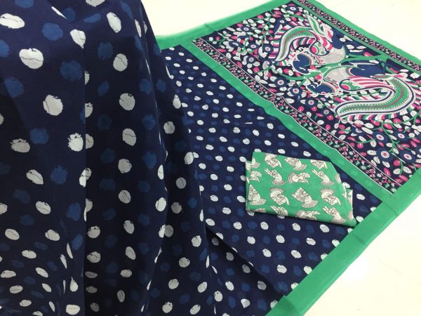 Navy blue prussion kalamkari bagru dots print cotton mulmul saree with blouse piece