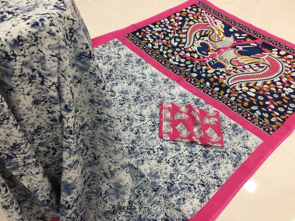 Champagne prussion kalamkari bagru print cotton mulmul saree with blouse piece