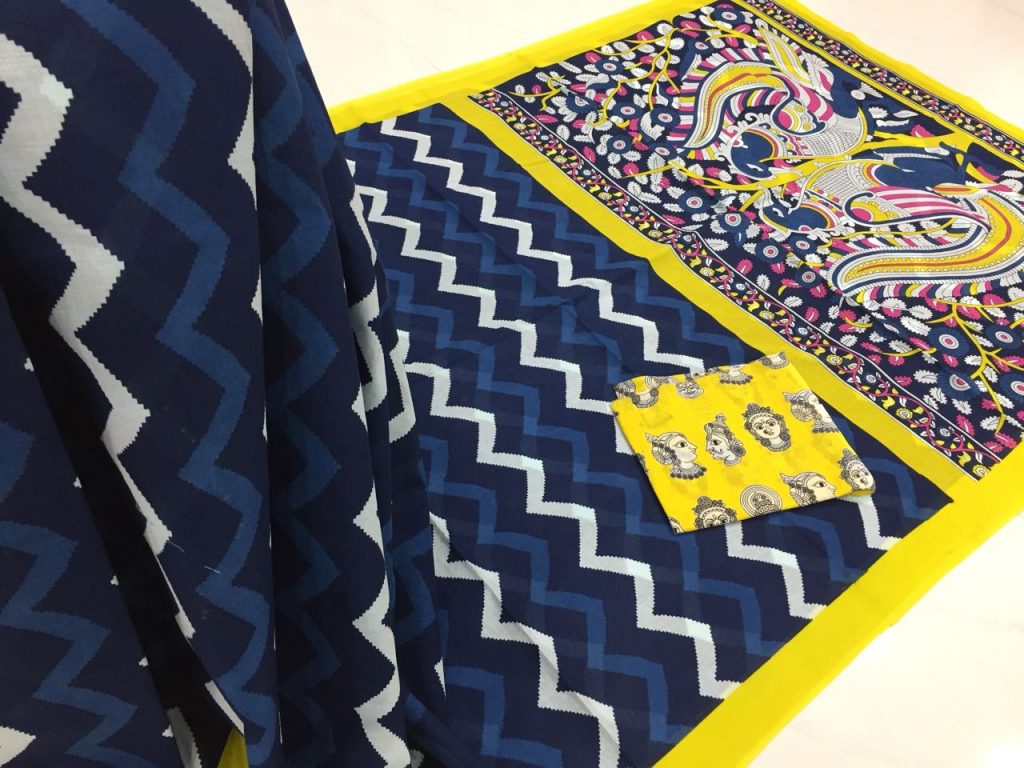Navy blue yellow prussion kalamkari bagru print cotton mulmul saree with blouse
