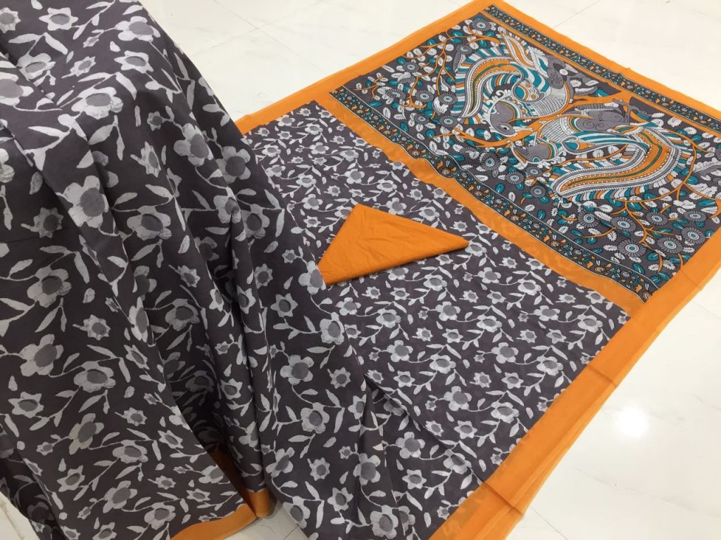 Taupe orange prussion kalamkari bagru print cotton mulmul saree with blouse