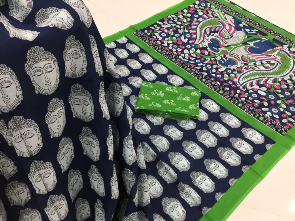 Navy blue green prussion kalamkari bagru print cotton mulmul saree with blouse
