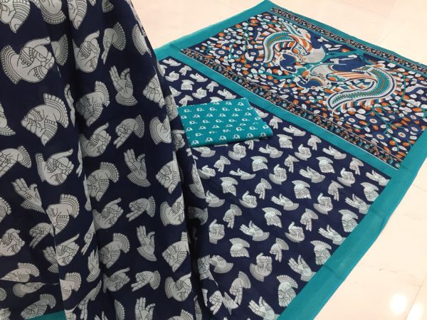 Navyblue bluegreen prussion kalamkari bagru print cotton mulmul saree with blouse