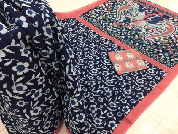 Navy blue prussion floral kalamkari bagru print cotton mulmul saree with blouse